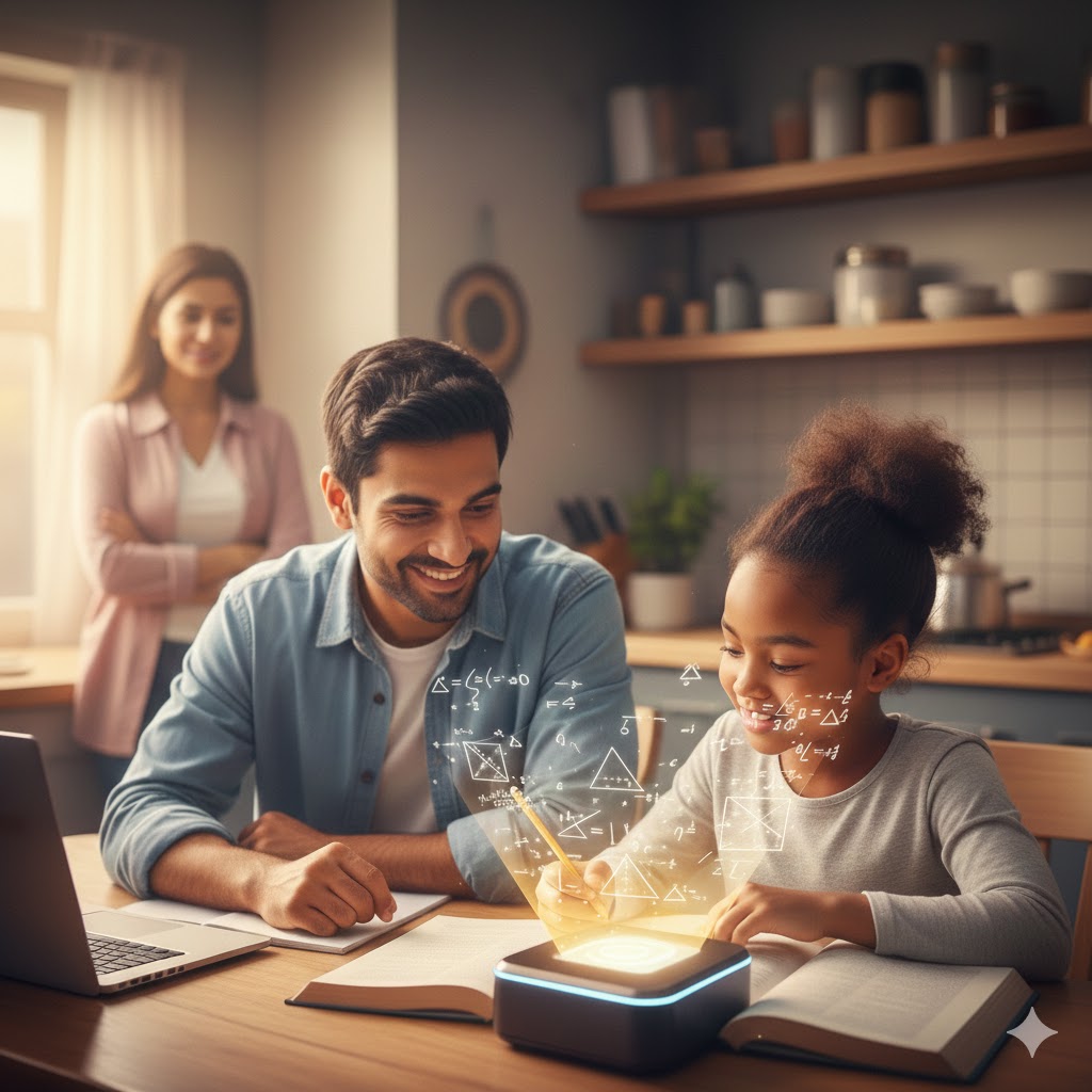 A young girl with a bun hairstyle smiling while doing math homework at a kitchen table, assisted by a smiling man and a futuristic glowing device projecting mathematical symbols.